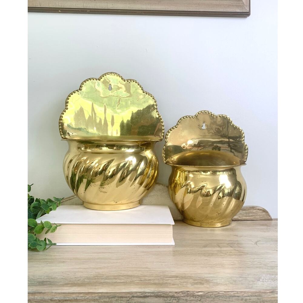 Vintage Brass Wall Pocket Vases Pair Scalloped Hanging Planters Set